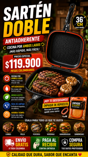 🔥Sartén Doble Parrilla Antiadherente 36 cm Cocina Fácil y Rápido