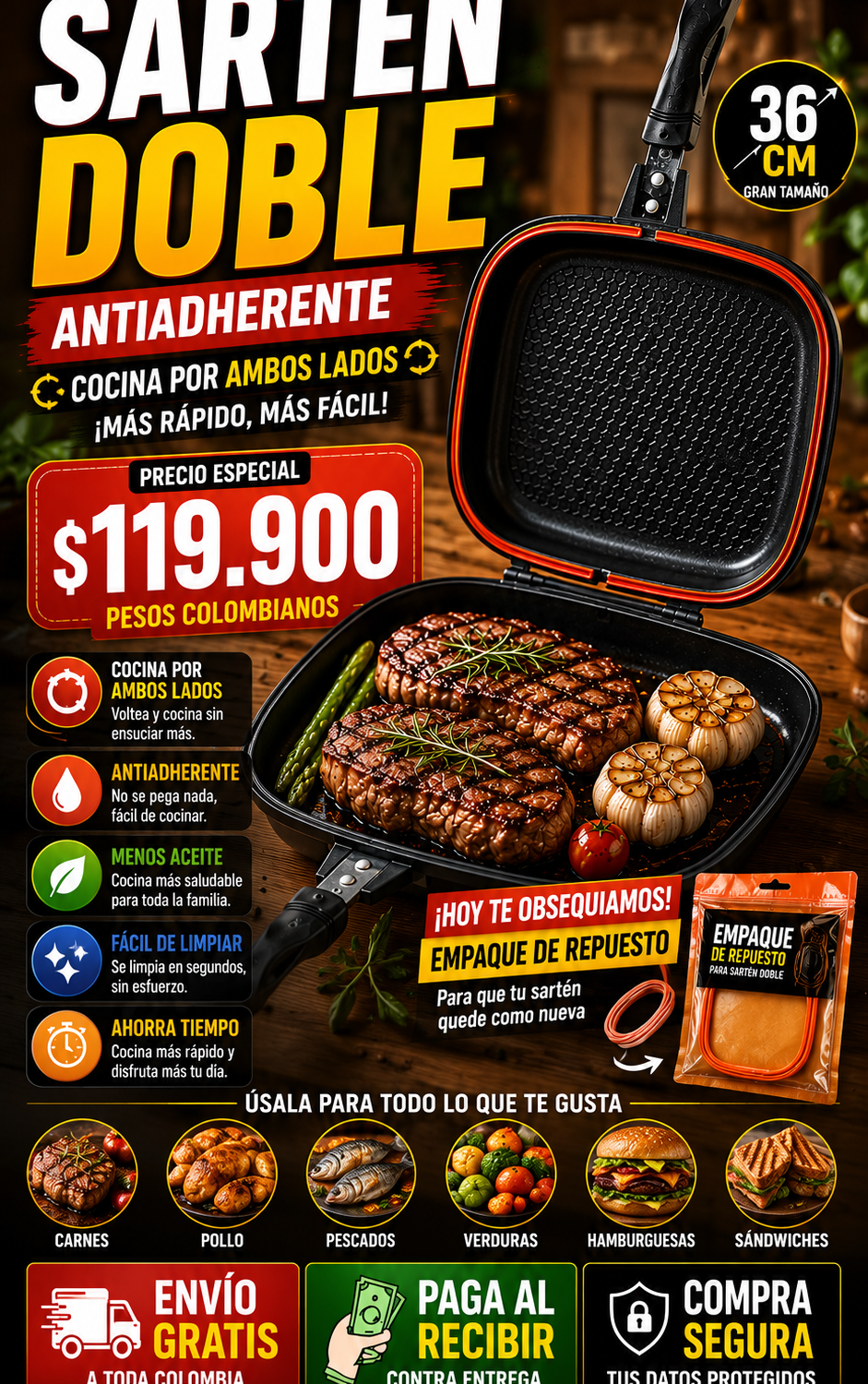 🔥Sartén Doble Parrilla Antiadherente 36 cm Cocina Fácil y Rápido