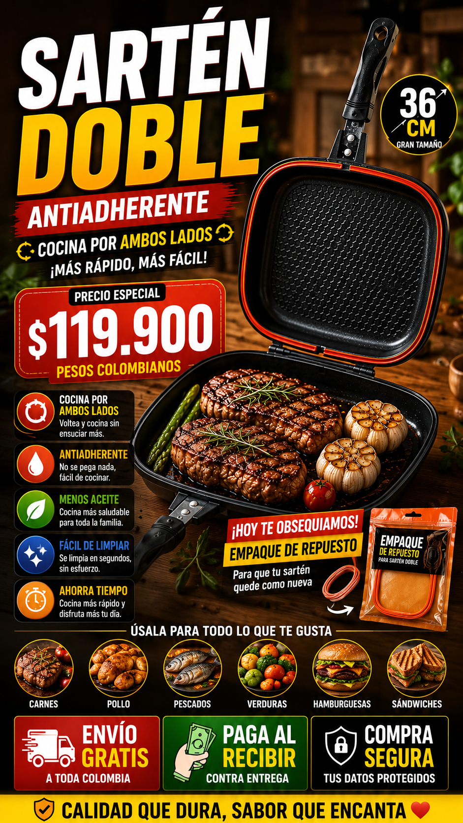 🔥Sartén Doble Parrilla Antiadherente 36 cm Cocina Fácil y Rápido