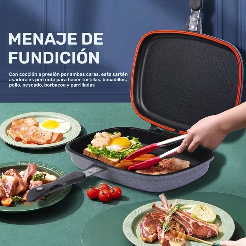 🔥Sartén Doble Parrilla Antiadherente 36 cm Cocina Fácil y Rápido